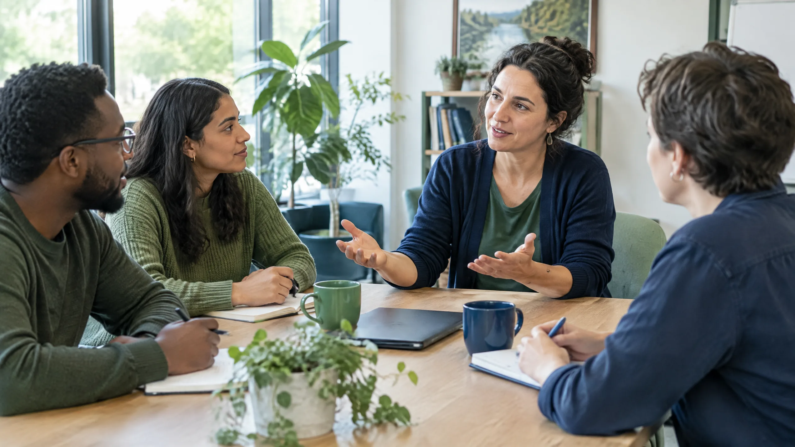 Quatre membres d’une équipe échangent autour d’une table, sans information lisible.